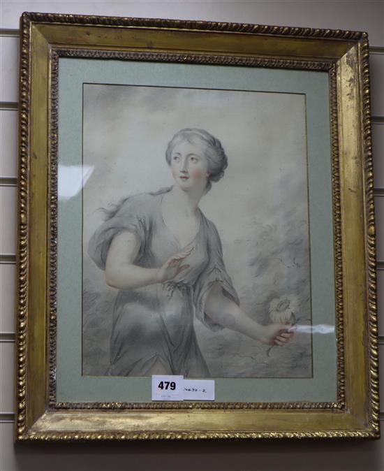 Attributed to Cipriani, pencil, sepia chalk and wash, Maiden holding a flower, 37 x 30cm